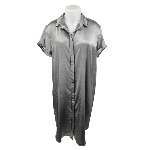 Wild Fang Gray Silver Silk Satin Short Sleeve Button Down Midi Shirt Dress Sz L - Picture 1 of 5